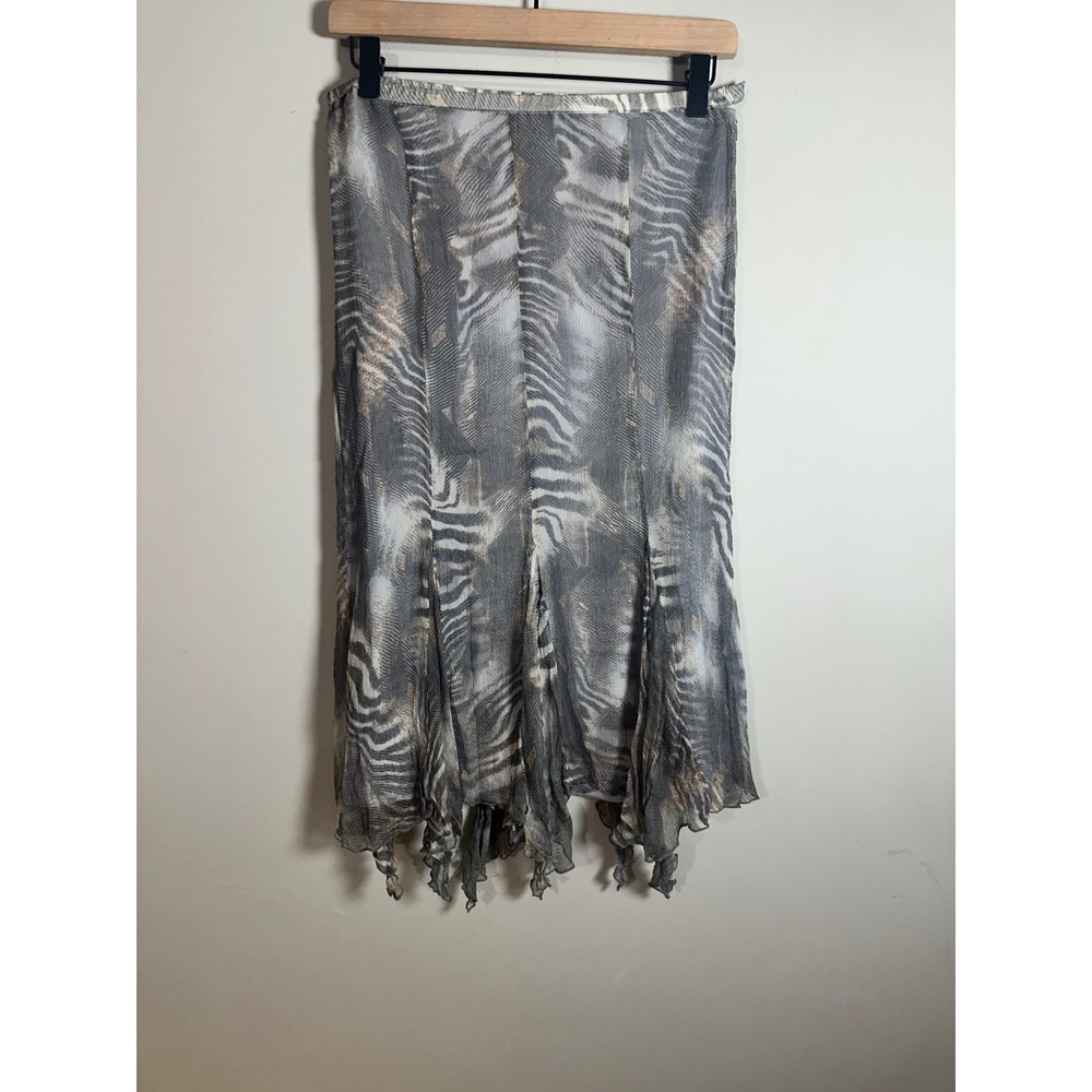 Sioni Silk Zebra Print Handkerchief Hem Midi Skirt Gray White Women Size Small